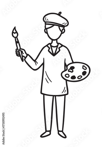 Black outline drawing of an artist holding a paintbrush and palette, wearing a beret and smock, standing in a relaxed pose.