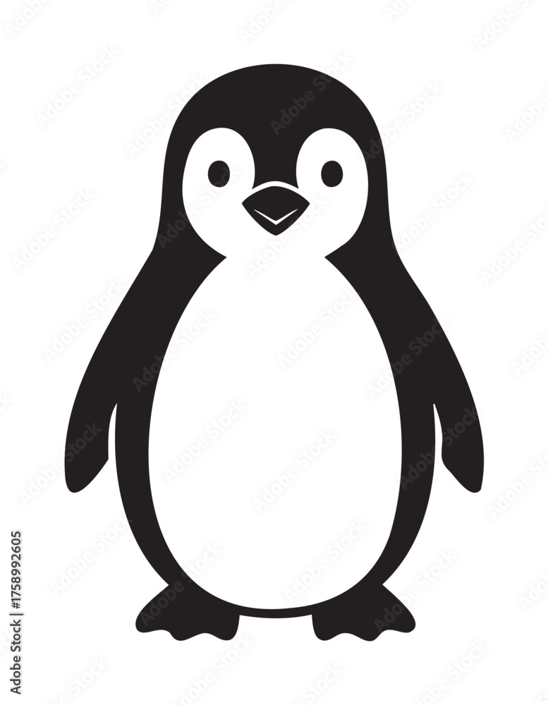 Fototapeta premium Black and white silhouette of a cute, cartoon-style penguin with simple shapes and minimalistic design.
