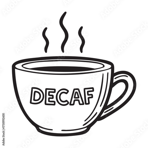 Black outline vector icon of a steaming decaf coffee cup with the word "decaf" prominently displayed on the side.