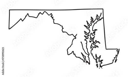 Black outline of the state of maryland with detailed coastline and borders. minimal linear illustration for geographical and educational purposes.