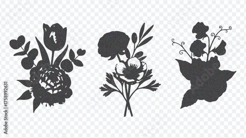 Three distinct black floral designs with intricate details, perfect for decorative art, tattoos, or fabric patterns. Minimalist style.