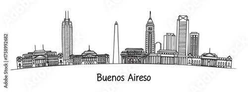 Black outline drawing of the buenos aires city skyline featuring iconic buildings, including the obelisk and prominent skyscrapers.