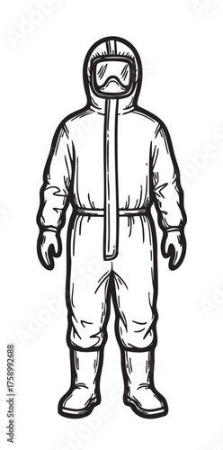 Black outline depiction of a full-body protective hazmat suit with a hood, gloves, and goggles, emphasizing safety and precautionary measures.