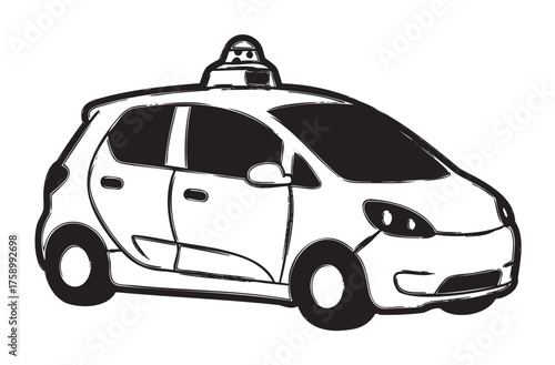 Black and white outline drawing of a hatchback car with a domed object on the roof, resembling a taxi or rideshare vehicle.