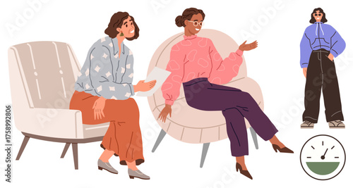 Two seated women in casual attire conversing, another person standing in casual clothing, and a satisfaction gauge at the bottom. Ideal for communication, teamwork, feedback, lifestyle, counseling