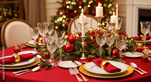 A beautifully decorated round Christmas table with red napkins, gold accents, crystal glassware, and a wreath centerpiece with a blurred Xmas tree background. Perfect for holiday entertaining.