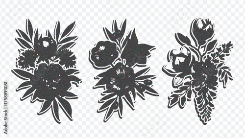 Three distinct black floral designs featuring leaves, buds, and blooms in a vintage illustration style, perfect for decor.