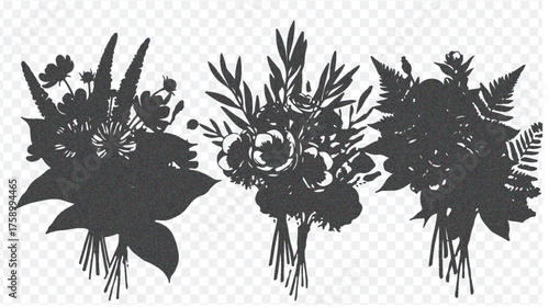 Three distinct black silhouette bouquets featuring varied floral arrangements, leaves, and stems in artistic design.