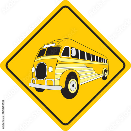 Old yellow school bus. Original traffic sign