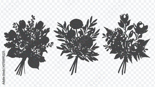 Three distinct black floral bouquet silhouettes with varying shapes and foliage, set against a clean white backdrop.