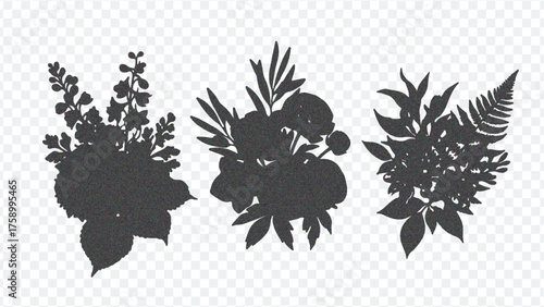 Three distinct black floral silhouette designs, featuring leaves and blooms, set against a clean white backdrop for artistic use.