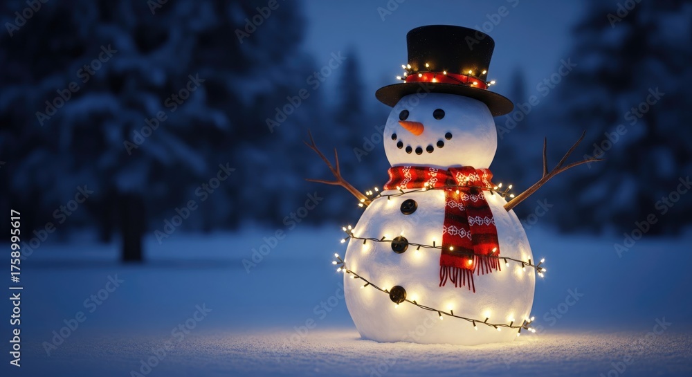 Obraz premium A joyful snowman adorned with lights and a scarf brightens a snowy winter evening.