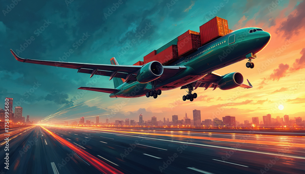 Fototapeta premium Cargo airplane soaring over cityscape at dusk. Dynamic motion blur captures speed, transport. Intense sunset hues illuminate aircraft, runway. Illustrative style conveys global logistics, trade.