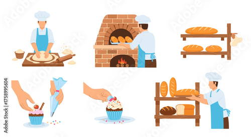 Delightful bakery scene featuring chefs crafting bread and cupcakes with passion and skill, a vector kitchen creation