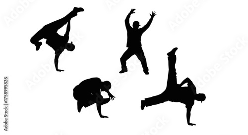 Dynamic silhouettes of breakdancers expressing energy, movement, and rhythm in urban dance performance art