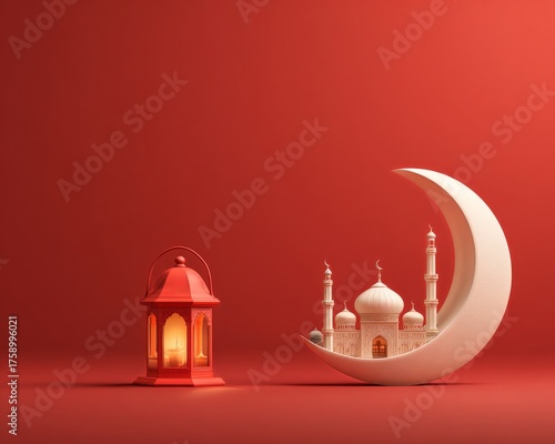Creative Paper Art Design of a Mosque and Crescent Moon on a Red Background