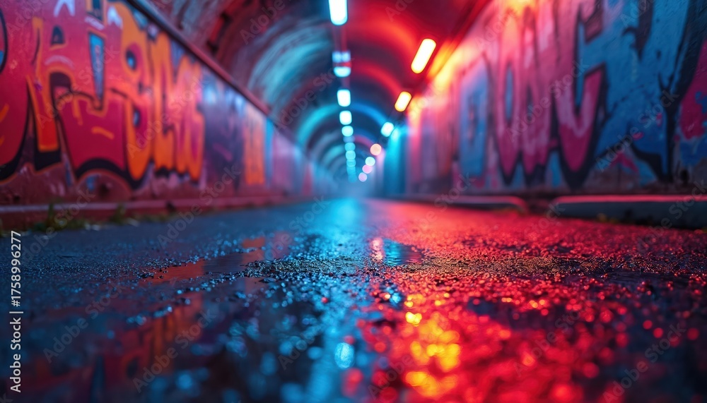 Naklejka premium Neon-lit tunnel street reflects vibrant graffiti art, rain. Intense red, blue lights illuminate wet asphalt path, creating urban atmosphere. Image evokes futuristic cityscapes, underground