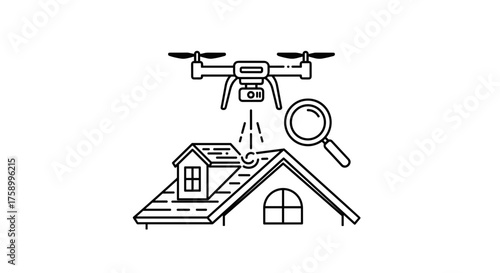 Drone inspecting house roof with magnifying glass for damage assessment, modern home inspection concept