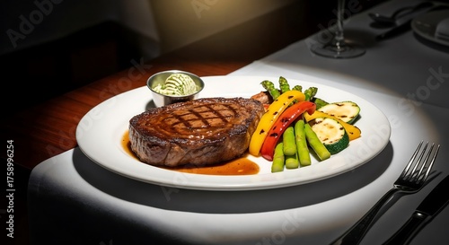 Grilled steak with vegetables on a white plate in a restaurant.