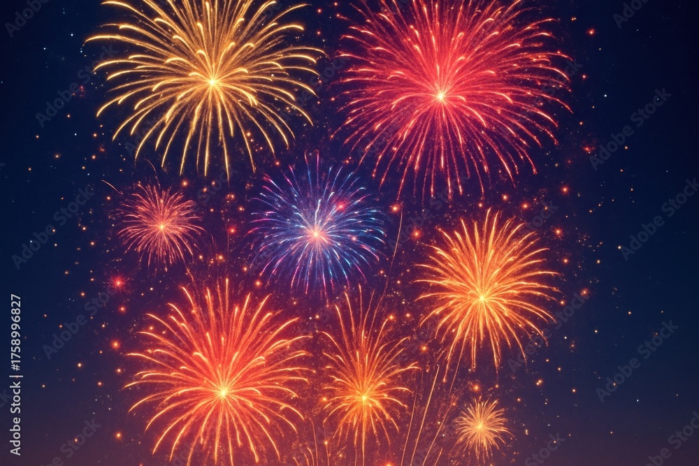 Naklejka premium Vibrant fireworks illuminate night sky.