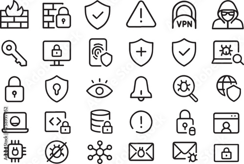 Cybersecurity and Data Protection Line Icons Set