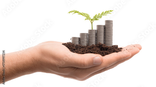 Growth of savings represented by coins and a small plant signifying investment, prosperity, and financial progress on a hand