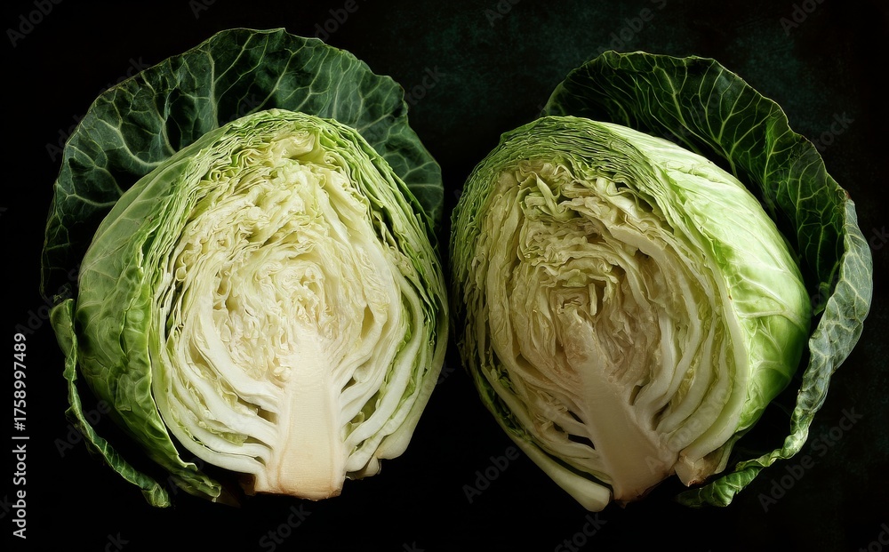 Fototapeta premium Fresh Green Cabbage Cut in Half Showing Detailed Layers and Texture of Vegetable