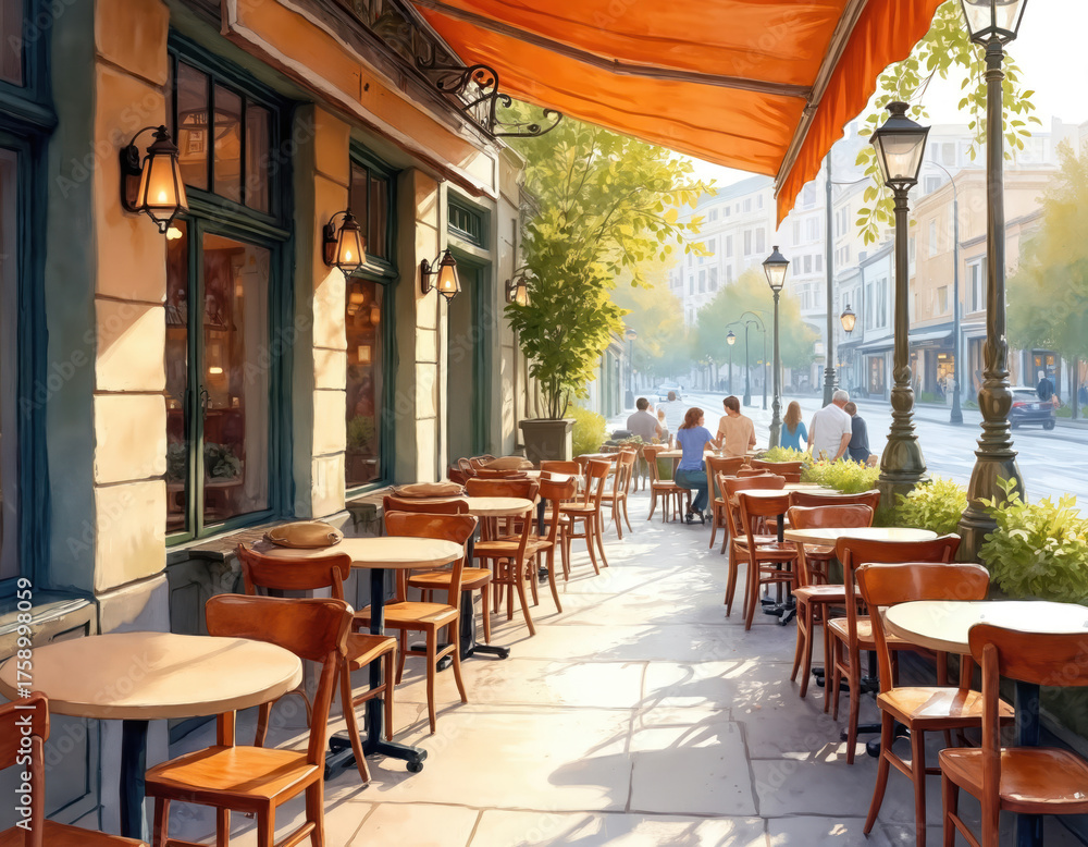 Naklejka premium Sidewalk cafe on sunny european city street. Empty tables on outdoor restaurant terrace in morning light. People relax at cozy eatery under orange awning. Watercolor illustration urban lifestyle,