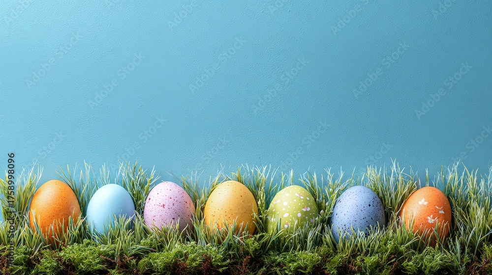 Fototapeta premium Colorful Easter Eggs Arranged on Green Grass Against a Blue Background