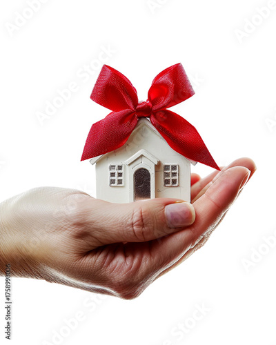 Hand holding a small house model with a red bow as a gift symbolizing home ownership and new beginnings