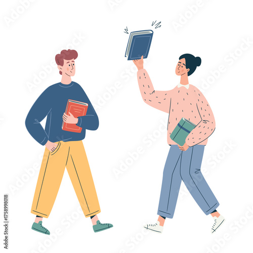 Young man and woman exchanging books as part of an eco-friendly bookcrossing event. Symbol of reuse, community sharing, and sustainability culture. Swap literature event, culture festival, library day