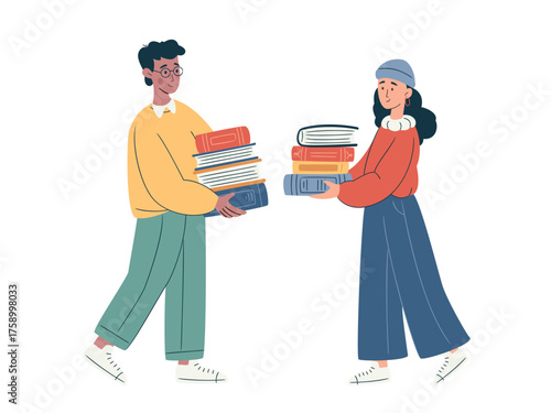 Diverse people donating and swapping books. Promotes eco-lifestyle, second-hand culture, and mindful consumption. Green education themes. Exchange, donation, buying books
