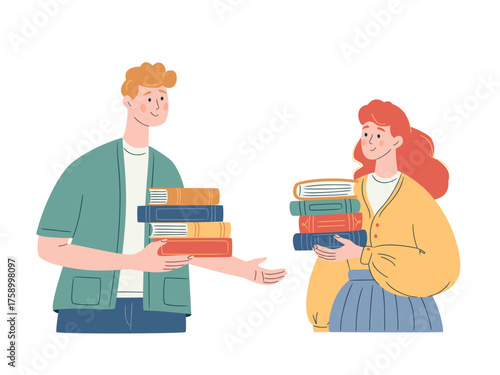 Young readers giving and receiving books. Concept of charity, recycling, and sustainable knowledge exchange. Exchange, donation, buying books. Education and knowledge concept.