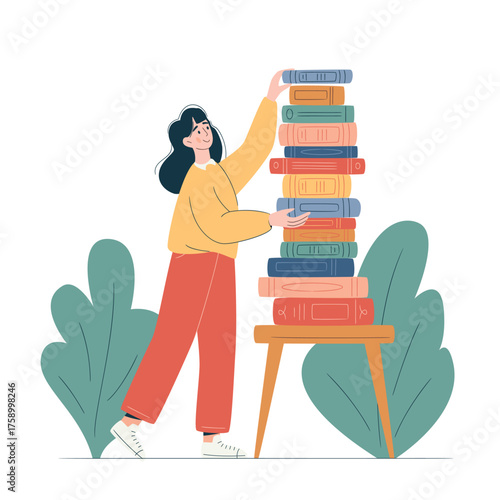 Young woman by a big pile of books. Concept of knowledge sharing, eco lifestyle, and cultural connection through books.