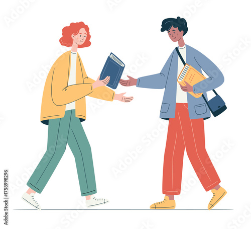 Diverse people sharing and donating books in a cultural event. Symbolic concept of knowledge exchange, charity, and learning culture. Exchange, donation, buying books. Modern flat vector illustration