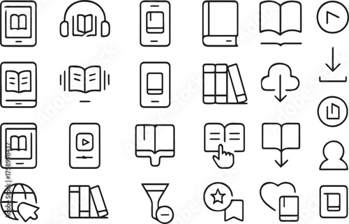 E-reading and Digital Library Line Icons Collection