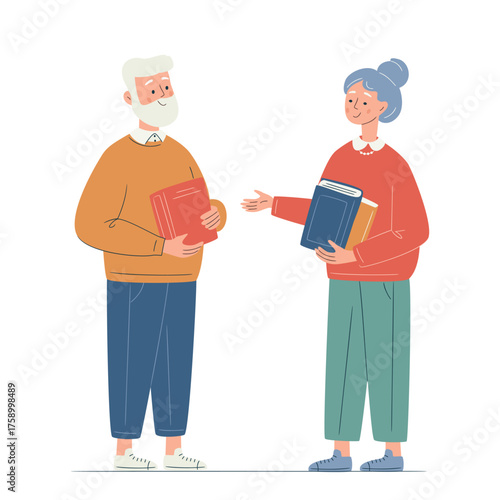 Senior people sharing and donating books. Book club meeting or discussion, showcasing the social aspect and shared passion for literature. Friends reading and talking about books