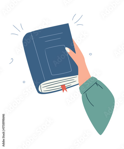 female hand holding a blue hardback book. Clean minimal composition, isolated on white background. Symbol of reading, education, and knowledge sharing