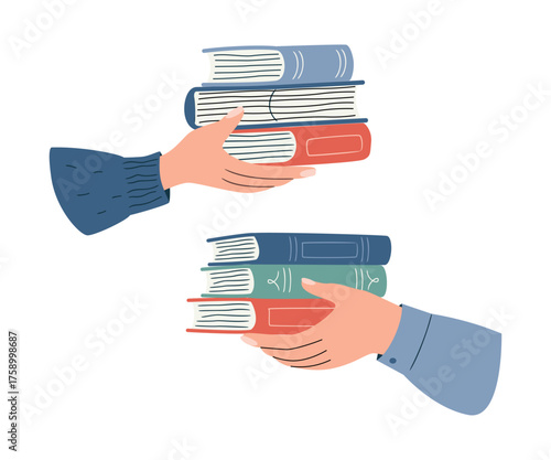 Bookcrossing vector illustration banner. Exchange, donation, buying books. Swap literature event, culture festival, library day. Education and knowledge concept, diverse hands holding books.