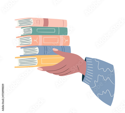 Female hand holding a pile of books. Clean minimal composition, isolated on white background. Symbol of reading, education, and knowledge sharing