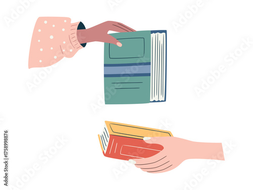 Hands holding and passing books in motion. Symbolic concept of knowledge exchange, charity, and learning culture. Perfect for library or reading campaign visuals.