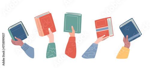 Bookcrossing vector illustration with diverse hands holding books. Cultural sharing and donation event concept. Flat minimalistic design for education and community themes.
