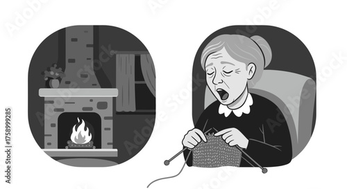 Person yawning while knitting near fireplace for cozy home illustrations