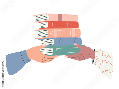 Minimalistic illustration of diverse hands holding colorful books. Concept for book donation, exchange, or reading culture festival. Vector banner for education and community sharing