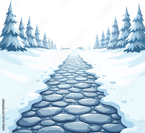 Snowy stone road leading through winter forest with pine trees and frozen ground, serene seasonal background illustration for Christmas design