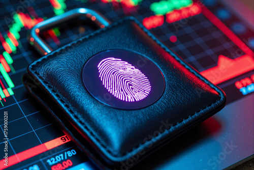 Biometric security concept with fingerprint scan on digital wallet for secure financial transactions. Abstract image with stock market data, representing fintech, cybersecurity, and cryptocurrency