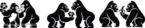 A striking black silhouette of a family of gorillas standing together in a naturalistic pose showcasing their powerful forms and gentle interactions silhouette