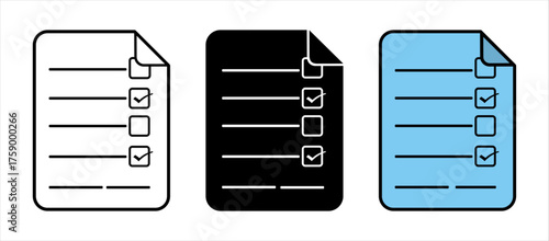 Page with checklist symbol. Folded paper checkbox icon set. Minimal Checked and listed sheet vector illustration for education data, report and  presentation- line, silhouette and coloured (Isolated)