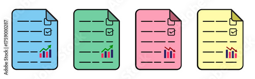 Document Page symbol with line, checklist and graph for report, presentation, education and office use. Coloured folded paper icon set. Vector illustration for flat written sheet and notes (Isolated)