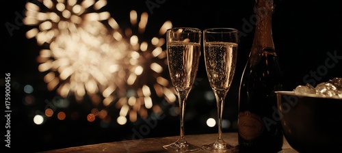 Celebration With Champagne Glasses and Fireworks Lighting up the Night Sky at a Festive Event